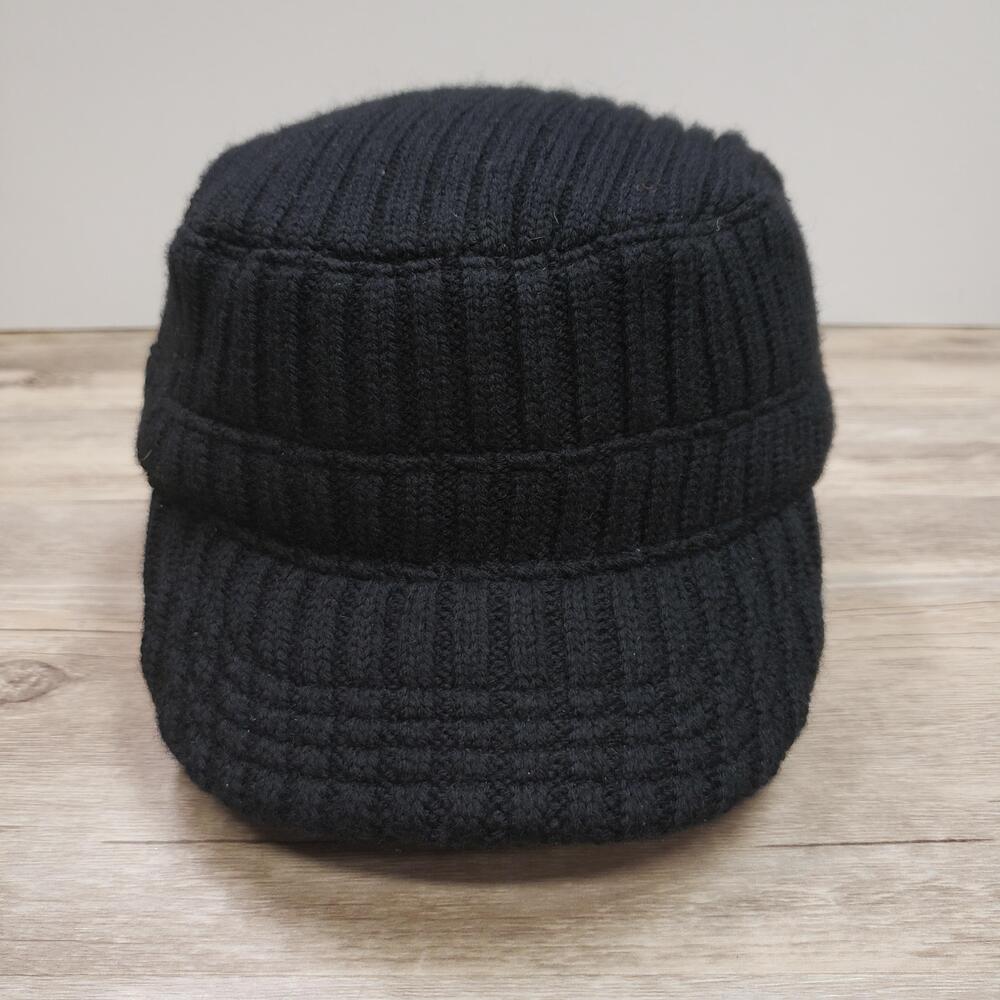 Banana Republic Knit Army Cap Hat Black Wool Ribbed Lined Womens M Stretch Fit